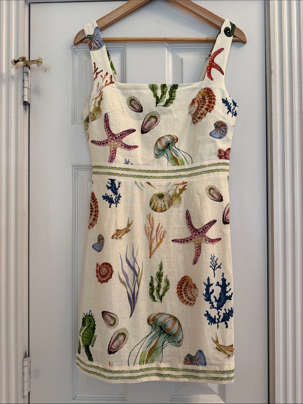 Caroline Constas Cream Seashell & Starfish Coastal Print Mini Sundress